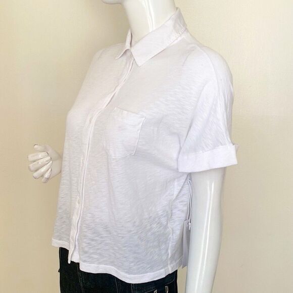 Stateside Supima Cotton Slub Knit Short Sleeve Button Down Pocket Shirt in White - Picture 3 of 6